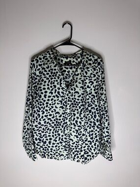 Talbots Navy Mint Leopard Print Button-Front Blouse Top Size Large